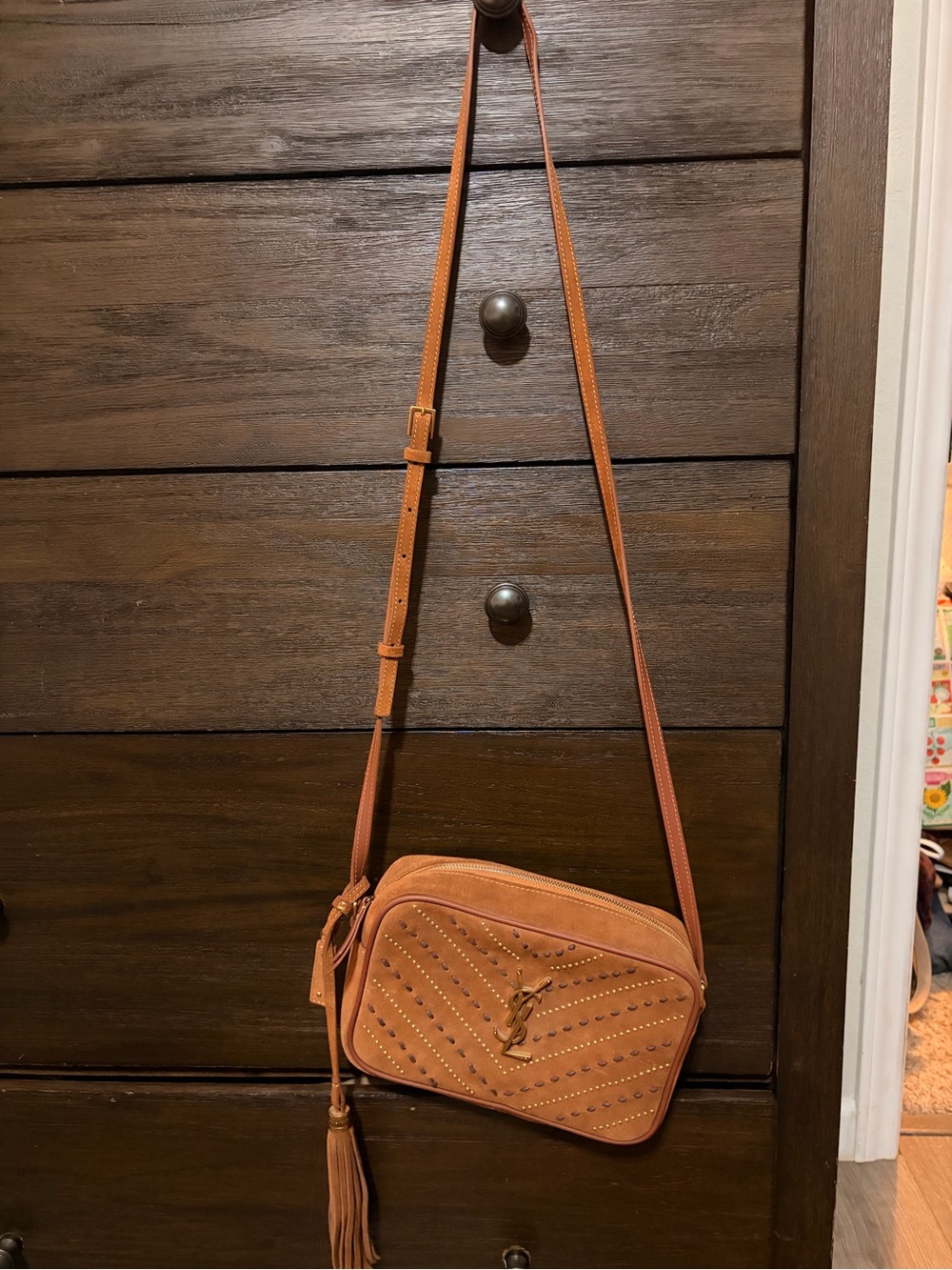 Saint Laurent Tan Suede Studded Camera Bag with Tassel